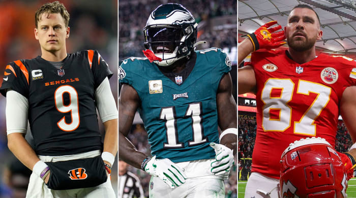 Separate photos of Joe Burrow, A.J. Brown and Travis Kelce during the 2023 season